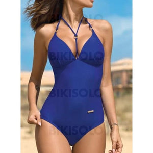 Couleur Unie Col V Sexy Une Pièce Maillots De Bain Bleu Roi / M