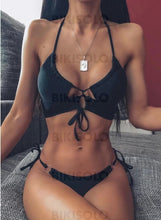 Charger l&#39;image dans la galerie, Couleur Unie Cordon De Serrage Dos Nu Sexy Jolis Classique Bikinis Maillots De Bain Noir / S