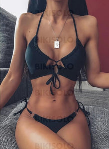Couleur Unie Cordon De Serrage Dos Nu Sexy Jolis Classique Bikinis Maillots De Bain Noir / S