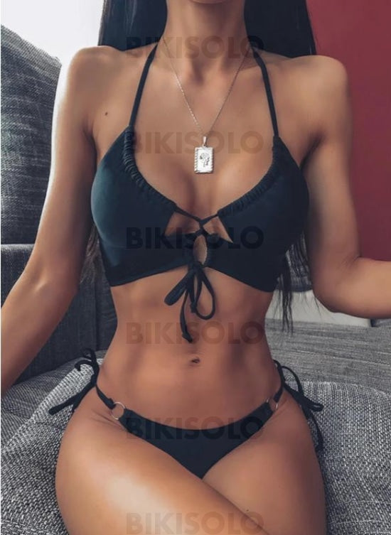 Couleur Unie Cordon De Serrage Dos Nu Sexy Jolis Classique Bikinis Maillots De Bain Noir / S