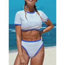 Charger l&#39;image dans la galerie, Couleur Unie Coupe Haute Col Rond Haut Sexy Sports Bikinis Maillots De Bain Bleu Ciel / S