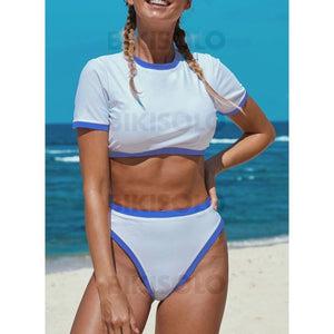 Couleur Unie Coupe Haute Col Rond Haut Sexy Sports Bikinis Maillots De Bain Bleu Ciel / S
