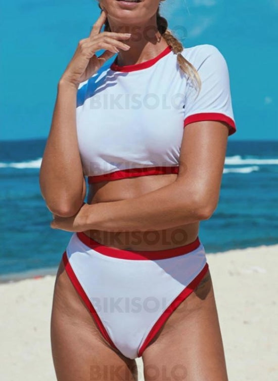 Couleur Unie Coupe Haute Col Rond Haut Sexy Sports Bikinis Maillots De Bain Rouge / S