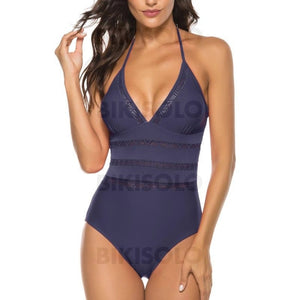 Couleur Unie Dos Nu Col V Sexy Une Pièce Maillots De Bain Bleu Marine / S