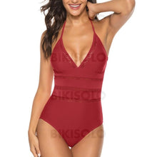 Charger l&#39;image dans la galerie, Couleur Unie Dos Nu Col V Sexy Une Pièce Maillots De Bain Bordeaux / S