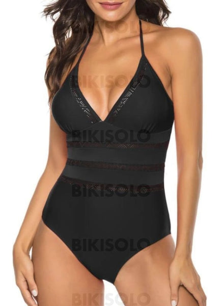 Couleur Unie Dos Nu Col V Sexy Une Pièce Maillots De Bain Noir / S