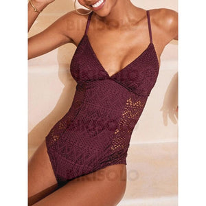Couleur Unie Engrener À Bretelles Col V Sexy Attrayant Une Pièce Maillots De Bain Bordeaux / S