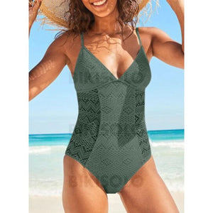 Couleur Unie Engrener À Bretelles Col V Sexy Attrayant Une Pièce Maillots De Bain Vert / S