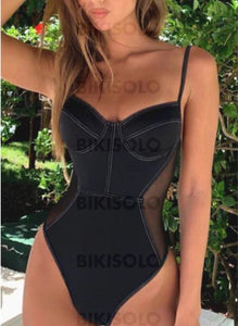 Couleur Unie Engrener À Bretelles Sexy Élégante Une Pièce Maillots De Bain Noir / S