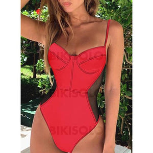 Couleur Unie Engrener À Bretelles Sexy Élégante Une Pièce Maillots De Bain Rouge / S