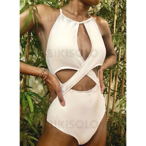 Couleur Unie Évider Col Haut Sexy Une Pièce Maillots De Bain Blanc / S