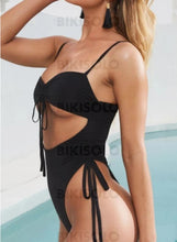 Charger l&#39;image dans la galerie, Couleur Unie Évider Cordon De Serrage À Bretelles Sexy Une Pièce Maillots De Bain Noir / S