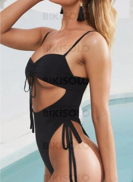 Couleur Unie Évider Cordon De Serrage À Bretelles Sexy Une Pièce Maillots De Bain Noir / S