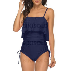 Couleur Unie Froufrous À Bretelles Sexy Une Pièce Maillots De Bain Bleu Marine / S