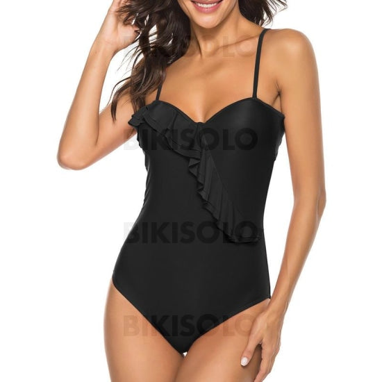 Couleur Unie Froufrous À Bretelles Sexy Une Pièce Maillots De Bain Noir / S