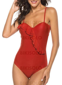 Couleur Unie Froufrous À Bretelles Sexy Une Pièce Maillots De Bain Rouge / S