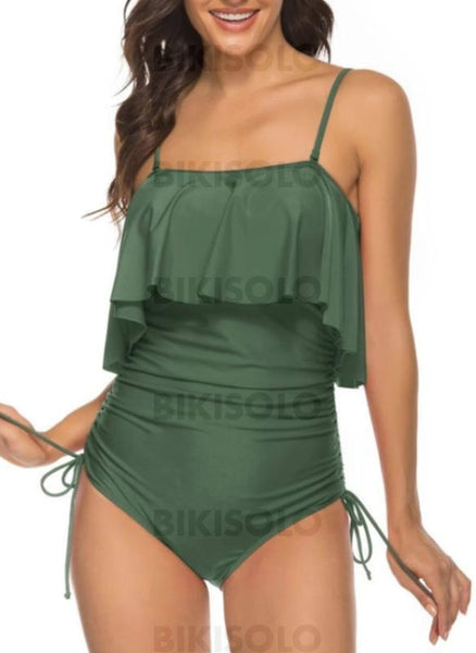 Couleur Unie Froufrous À Bretelles Sexy Une Pièce Maillots De Bain Vert / S