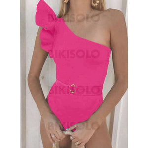 Couleur Unie Froufrous Une Épaule Sexy Pièce Maillots De Bain Rosado / S