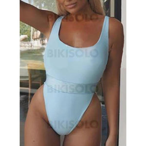 Couleur Unie Jambe Haute À Bretelles Col U Mignon Décontractée Une Pièce Maillots De Bain Bleu /