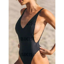 Charger l&#39;image dans la galerie, Couleur Unie Jambe Haute À Bretelles Col V Sexy Une Pièce Maillots De Bain