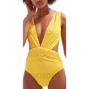 Couleur Unie Jambe Haute Col V Jolis Attrayant Une Pièce Maillots De Bain Jaune / S