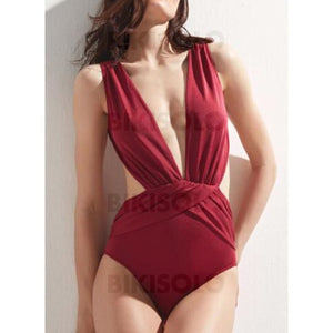 Couleur Unie Jambe Haute Col V Jolis Attrayant Une Pièce Maillots De Bain Rouge / S