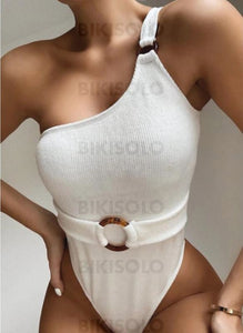 Couleur Unie Jambe Haute Une Épaule Sexy Pièce Maillots De Bain Blanc / S