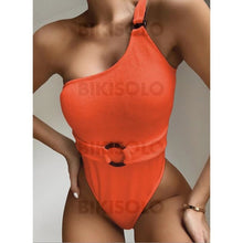 Charger l&#39;image dans la galerie, Couleur Unie Jambe Haute Une Épaule Sexy Pièce Maillots De Bain Orange / S