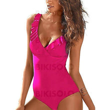 Charger l&#39;image dans la galerie, Couleur Unie Lanière À Bretelles Col V Sexy Une Pièce Maillots De Bain