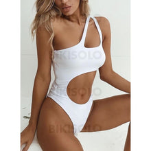 Charger l&#39;image dans la galerie, Couleur Unie Monokini Une Épaule Sexy Pièce Maillots De Bain Blanc / S