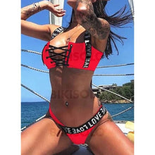 Charger l&#39;image dans la galerie, Couleur Unie Néon À Bretelles Élégante Bikinis Maillots De Bain Rouge / S