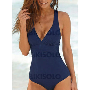 Couleur Unie Néon Col V Sexy Une Pièce Maillots De Bain Bleu Marine / M