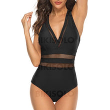 Charger l&#39;image dans la galerie, Couleur Unie Patchwork Col V Sexy Une Pièce Maillots De Bain Noir / S