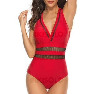 Couleur Unie Patchwork Col V Sexy Une Pièce Maillots De Bain Rouge / S