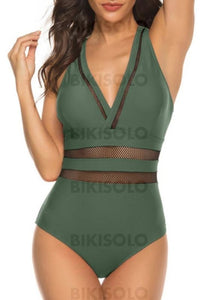 Couleur Unie Patchwork Col V Sexy Une Pièce Maillots De Bain Vert / S