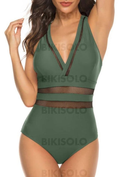Couleur Unie Patchwork Col V Sexy Une Pièce Maillots De Bain Vert / S