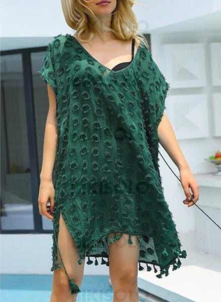 Couleur Unie Pompons Col V Élégante À La Mode Tenues De Plage Maillots De Bain Vert / Taille