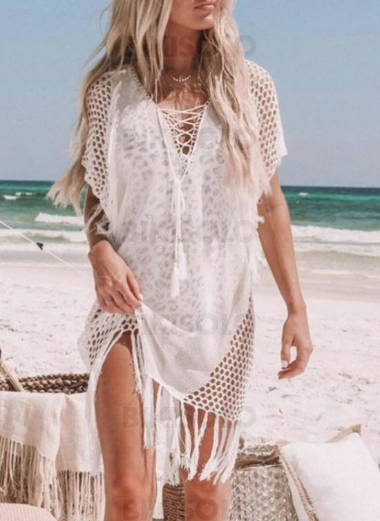 Couleur Unie Pompons Col V Sexy Tenues De Plage Maillots De Bain Blanc / Taille Libre
