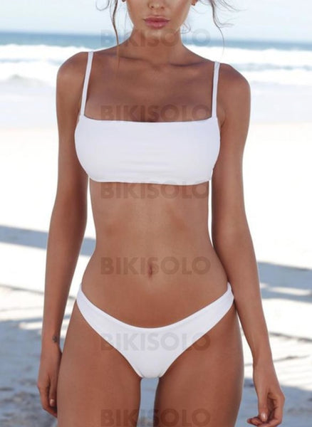 Couleur Unie Taille Basse À Bretelles Sexy Bikinis Maillots De Bain Blanc / S