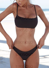 Charger l&#39;image dans la galerie, Couleur Unie Taille Basse À Bretelles Sexy Bikinis Maillots De Bain Noir / S