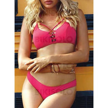 Charger l&#39;image dans la galerie, Couleur Unie Taille Basse Col U Sexy Élégante Bikinis Maillots De Bain Rose Vif / S