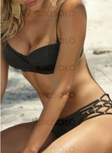 Charger l&#39;image dans la galerie, Couleur Unie Taille Basse Faire Monter À Bretelles Sexy Bikinis Maillots De Bain Noir / S