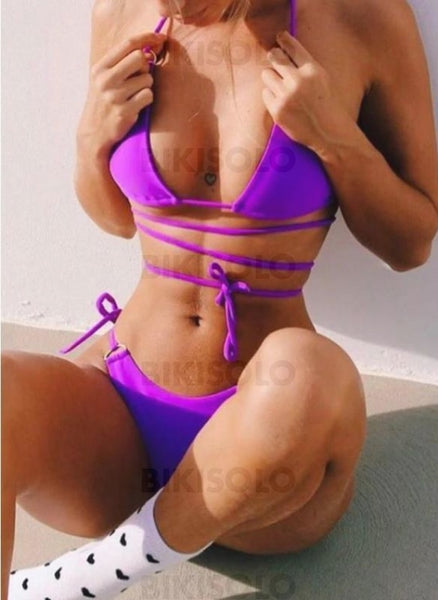 Couleur Unie Taille Basse Lacer Dos Nu Sexy Bikinis Maillots De Bain Violet / S