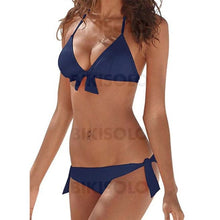 Charger l&#39;image dans la galerie, Couleur Unie Taille Basse Noué Dos Nu Sexy Bikinis Maillots De Bain Bleu Marine / S