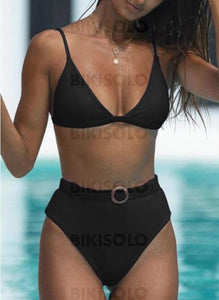 Couleur Unie Taille Haute À Bretelles Sexy Bikinis Maillots De Bain Noir / S