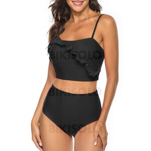 Couleur Unie Taille Haute À Bretelles Sexy Bikinis Maillots De Bain Noir / S