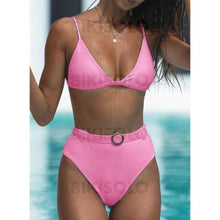Charger l&#39;image dans la galerie, Couleur Unie Taille Haute À Bretelles Sexy Bikinis Maillots De Bain Rosado / S