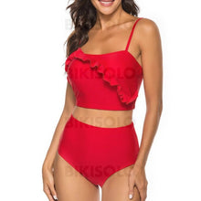 Charger l&#39;image dans la galerie, Couleur Unie Taille Haute À Bretelles Sexy Bikinis Maillots De Bain Rouge / S