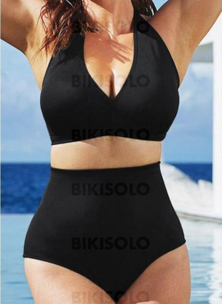 Couleur Unie Taille Haute Dos Nu Sexy Grande Taille Bikinis Maillots De Bain Noir / L