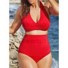 Charger l&#39;image dans la galerie, Couleur Unie Taille Haute Dos Nu Sexy Grande Taille Bikinis Maillots De Bain Rouge / L